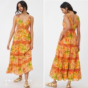 Anthropologie Farm Rio Tropical Tiered Beaded Strap Maxi Colorful Dress size XS
